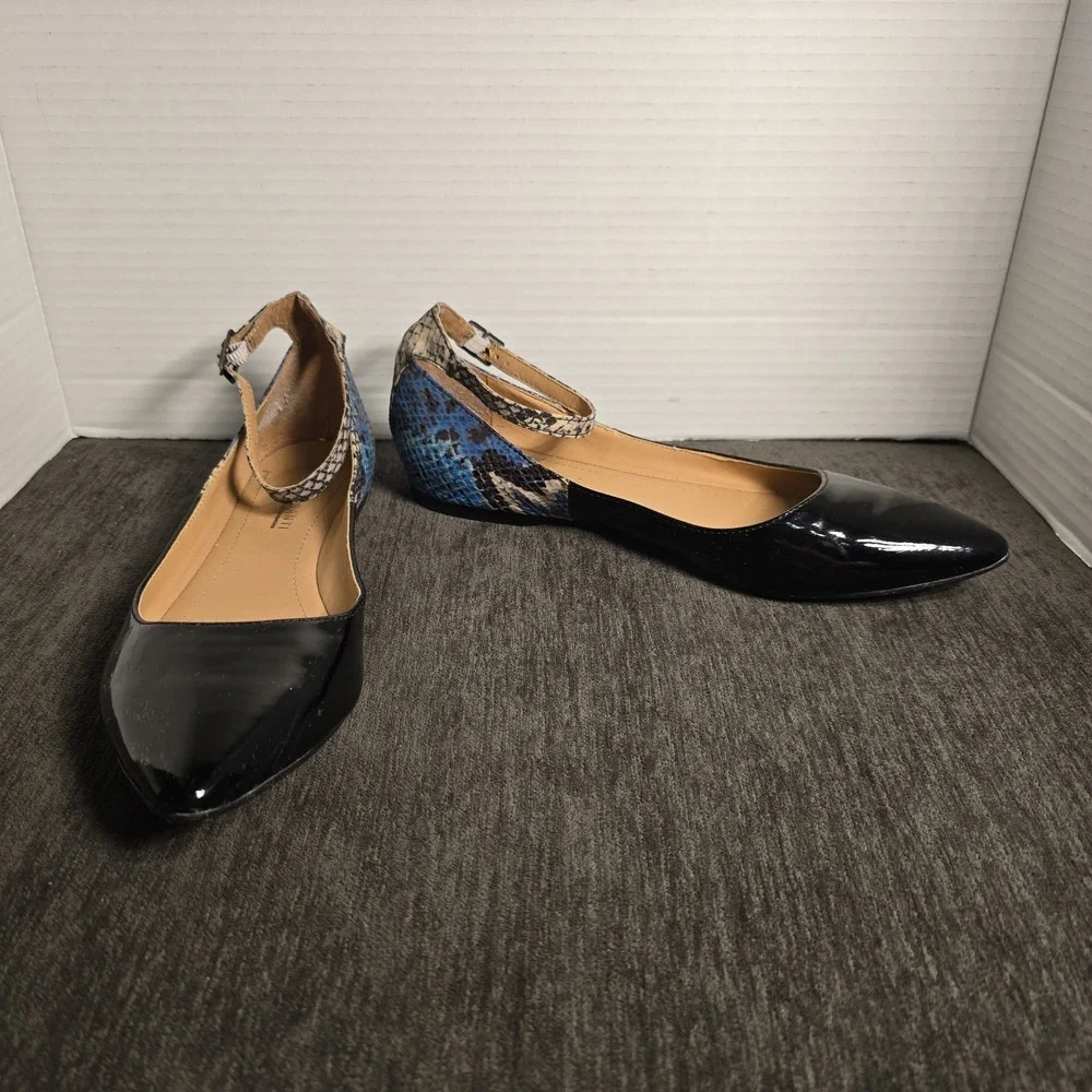 Marco Santi Womens Black Patent Blue Snakeskin Pointed Toe Ankle Strap Flats 6.5